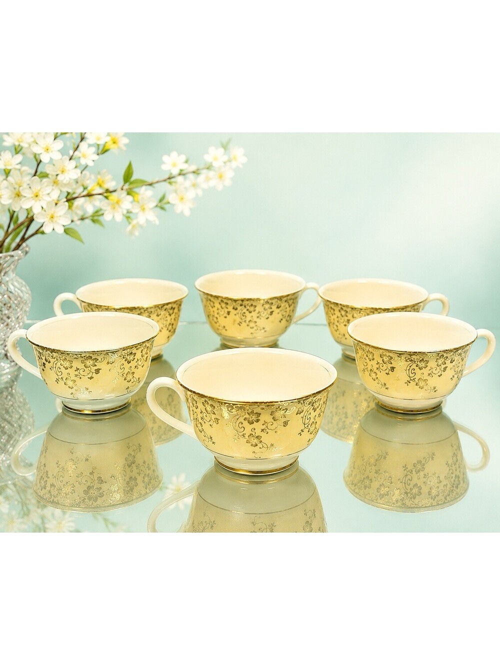 East End China Co 1900s Set Of 6 Teacups Gold Floral Chintz Buttercream, 4x2.75”